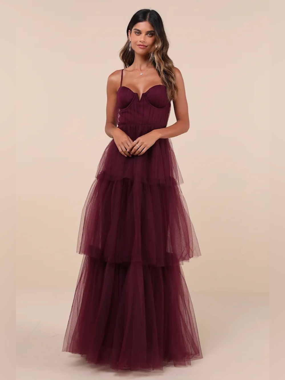 Lulus Unforgettable Poise Plum Purple Tulle Bustier Tiered Maxi Dress L NWT Prom